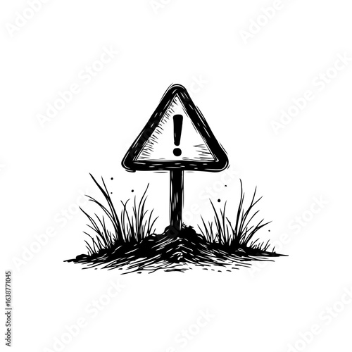 Hand-drawn triangular warning sign illustration amidst grass, creating an alert scene