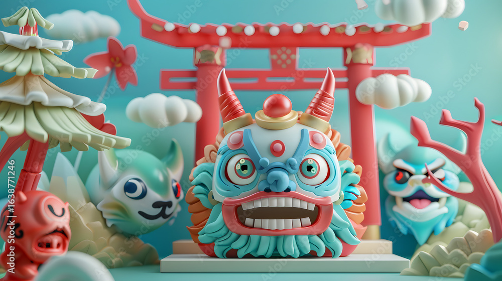 Fototapeta premium 3d Cartoon chibi Shinto god vs yokai big expression
