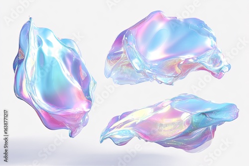 Abstract fluid forms in iridescent pastel hues. Four amorphous shapes, resembling liquid or sculpted plastic, float against a light gray background.  