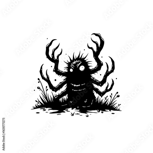 Stylized Illustration of a Spooky, Silhouette Monster with Multiple Limbs on White