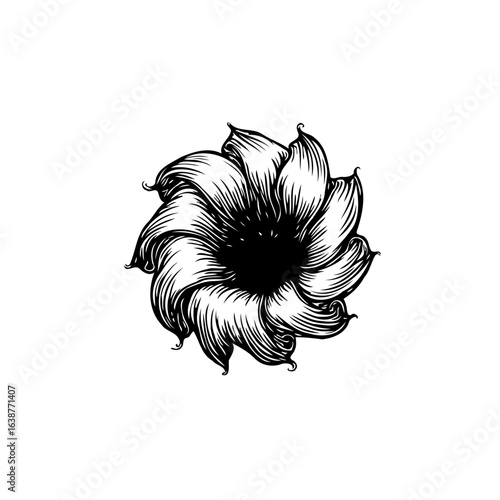 Elegant Black and White Floral Illustration with Intricate Line Work and Detailed Texture
