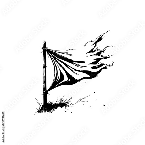 Monochrome Illustration: A Tattered Flag Waving Defiantly in the Wind, Emblem of Resilience