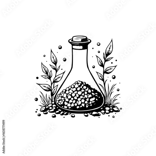 A minimalist black and white illustration of a potion bottle with plant life around it