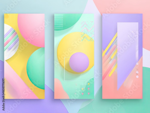 Three vertical panels featuring vibrant pastel colors and geometric shapes.  Soft, 3D effects and layered shapes create a playful aesthetic.  Abstract, modern design
