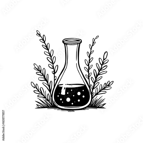 Hand-drawn Erlenmeyer flask with mysterious liquid and plant illustration