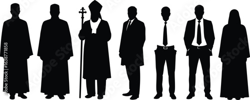 Silhouette of diverse people wearing religious attire and business suits, symbolizing unity, diversity, culture, tradition, equality, peace, society, harmony