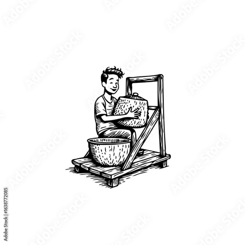 Illustrative depiction of a young boy happily involved in coconut milk extraction