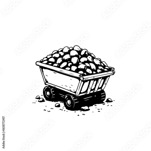 Hand-drawn Illustration of a Mining Cart Filled with Rocks, Stones and Minerals