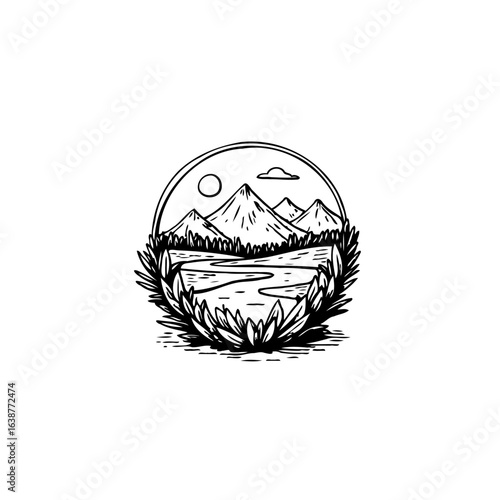 Monochrome mountain landscape vector illustration with river and forest scene