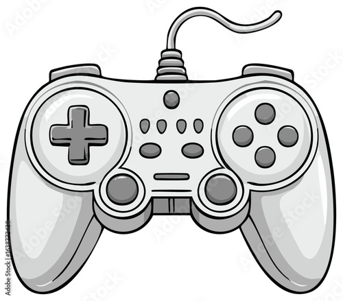 Retro Wired Video Game Controller Grayscale Cartoon Illustration