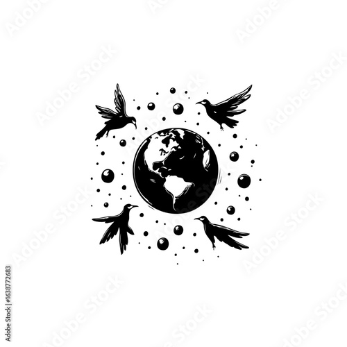 Black and White Illustration: Birds Circling the World Globe, Symbolic Design