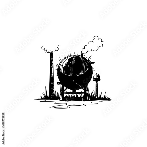 Industrial landscape drawing featuring a spherical tank and a smokestack illustration