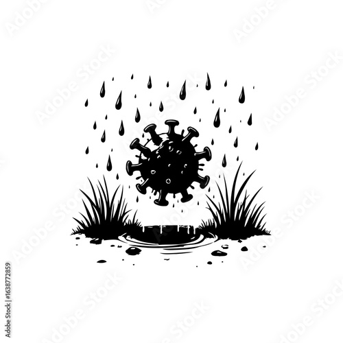 Conceptual Black and White Illustration of Coronavirus in a Rain-Soaked Environment