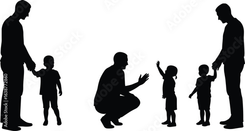 Silhouette of father and child bonding, parenting moments illustration, parent teaching child, fatherhood love, family relationship, emotional connection