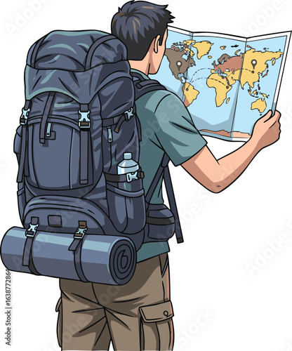 Adventurous Traveler Studying World Map with Backpack