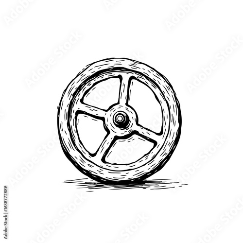 Detailed Hand-Drawn Illustration of an Antique Wooden Wheel with Spokes and Texture