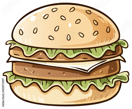 Illustration of a Double Cheeseburger with Lettuce and Sesame Seeds