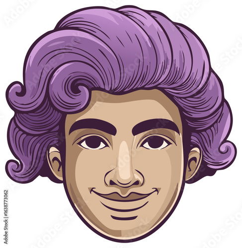 Vibrant illustration of a happy person with voluminous purple curly hair and a cheerful smile
