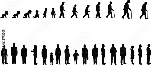 Silhouette of human life stages, baby to elderly person, people evolution timeline, aging process concept, generational growth, child to adult