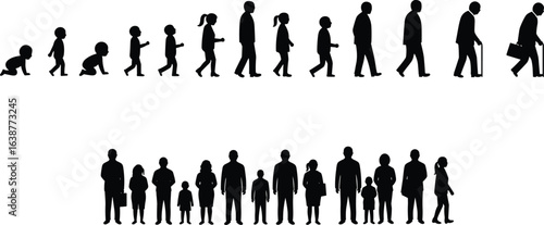 Silhouette of people growing stages, baby to elderly timeline, human life evolution, aging process illustration, child to adult development