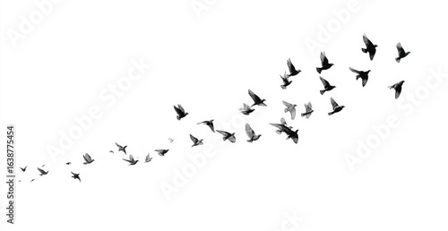 Flock of birds in flight, a curved path against white