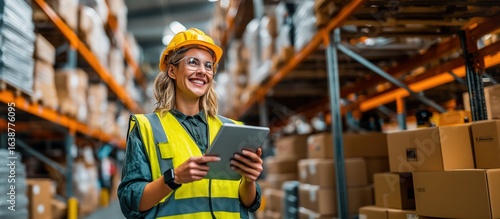 Smiling Female Warehouse Worker Using Tablet for Inventory Management in Safety Gear, Copy Space.

