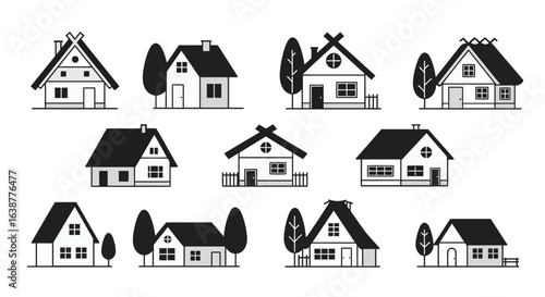 Charming black-and-white cottages lined with trees, each radiating cozy storybook vibes and quaint countryside elegance.