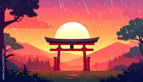 Rainy sunset view with a torii gate.