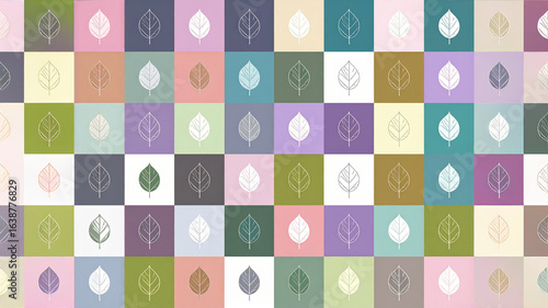 A simple and elegant repeating grid pattern featuring minimalist line-art leaves on squares of varying pastel and earthy colors. The design has a subtle, calming aesthetic, perfect for eco-friendly, n