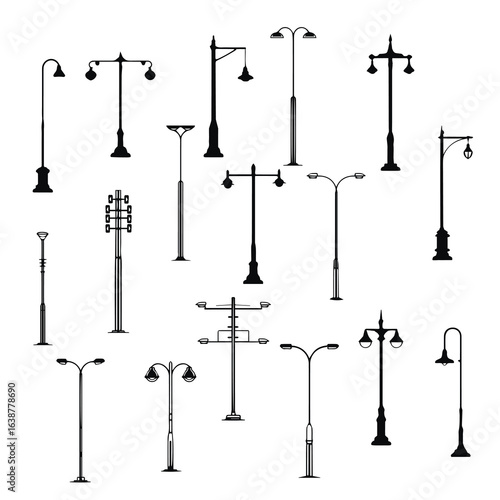 Public Street Lighting and Lamp Icons. Urban Road Illumination and Safety Symbols.