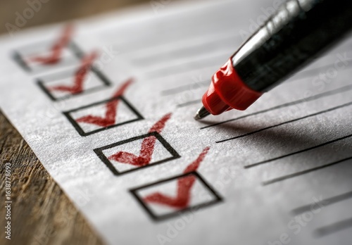 Close-up of a checklist with red checkmarks. A pen is poised over a blank box