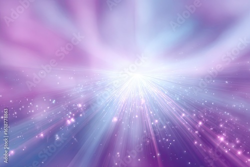 Radiant, ethereal burst of light and color.  Soft purple and  light blue hues blend into a central white light source.  Streaks of light radiate outwards,  sprinkled with tiny sparkles