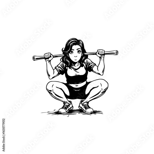 Strong athletic woman in squat position holding a barbell on her shoulders cartoon