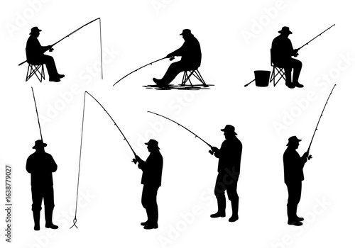 Silhouette of a fisherman with a rod, a vector illustration of a man fishing