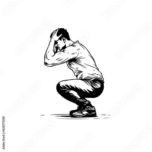 Man in distress, squatting with hands on head, expressing anxiety and despair