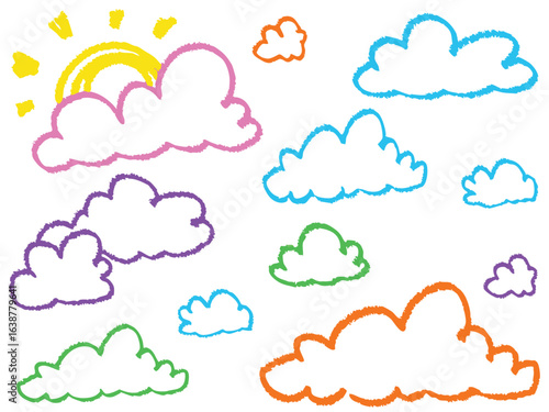 Weather icon set with cartoon clouds and blue sky pattern
