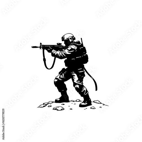Silhouette illustration of a soldier in action, holding rifle ready to fight