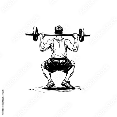 Monochrome illustration of a man doing barbell squats for strength training
