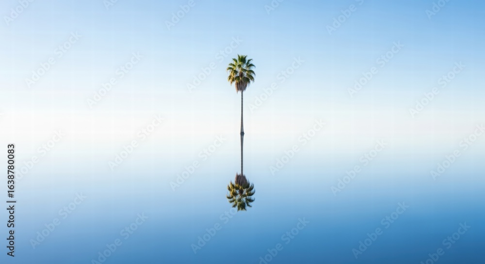 Fototapeta premium Palm Tree Reflection on Water, Tranquil Blue Sky, Minimalist Composition