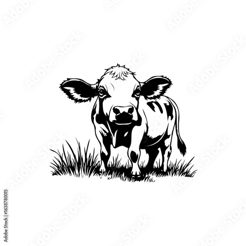 Black and White Vector Illustration of a Cow Grazing in a Grassy Field Isolated