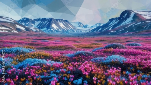 Vibrant Floral Landscape with Geometric Sky and Snowy Mountains