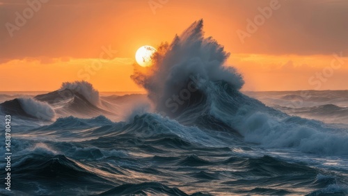 Ocean's Fury Erupts, a Colossal Wave Kissing the Golden Sunset