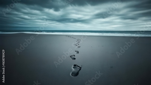 Solitary Footprints Etched in Dark Sand, Leading Toward a Moody Ocean Under a Brooding, Overcast Sky.