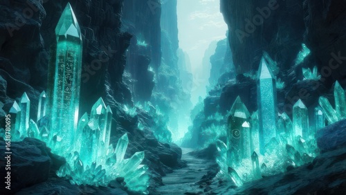 Mystical Canyon Path Lit by Giant, Rune-Etched Glowing Crystals