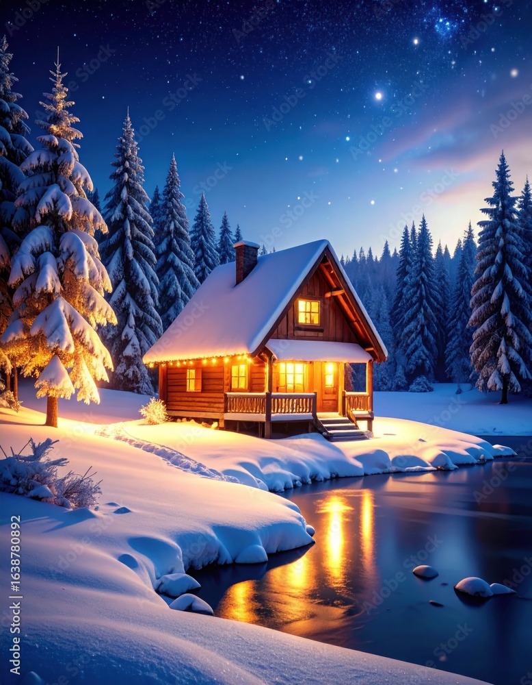Fototapeta premium Snowy cabin by a frozen stream at night