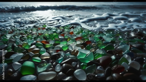 A Carpet of Luminous Sea Glass Jewels Glistening on a Sunlit, Foamy Shore