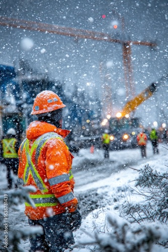 Snowy construction site worker