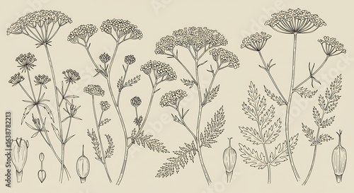 Botanical Illustration of Yarrow Plant: Detailed Line Drawings of Flowers, Leaves, and Seeds