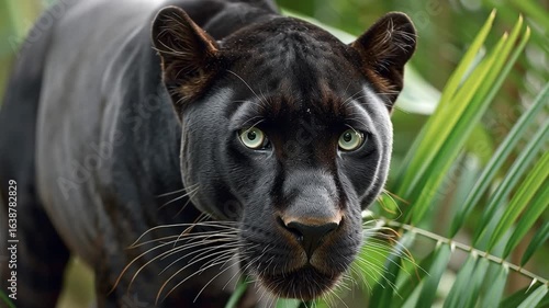 Black Panther's Intense Gaze: The captivating eyes of a sleek black panther fixedly stare forward, framed by vibrant green foliage. A captivating image of raw power and beauty.
