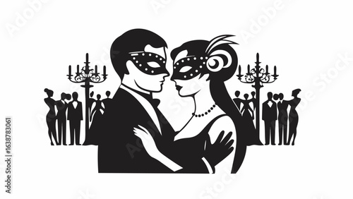 Elegant couple in masks dancing at a masquerade ball with guests and chandeliers in the background silhouette